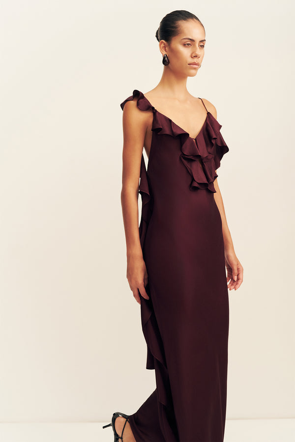 AGNES RUFFLE SLIP BIAS MAXI DRESS - WINE TASTING
