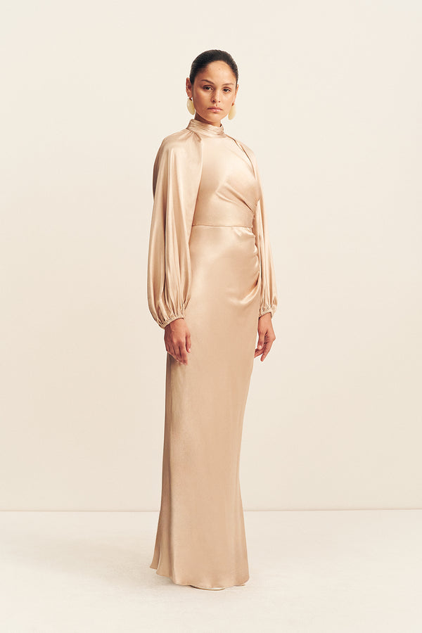 LA LUNE HIGH NECK BALLOON SLEEVE MAXI DRESS - GOLD