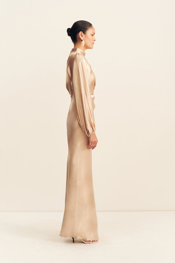 LA LUNE HIGH NECK BALLOON SLEEVE MAXI DRESS - GOLD