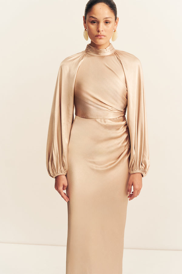 LA LUNE HIGH NECK BALLOON SLEEVE MAXI DRESS - GOLD