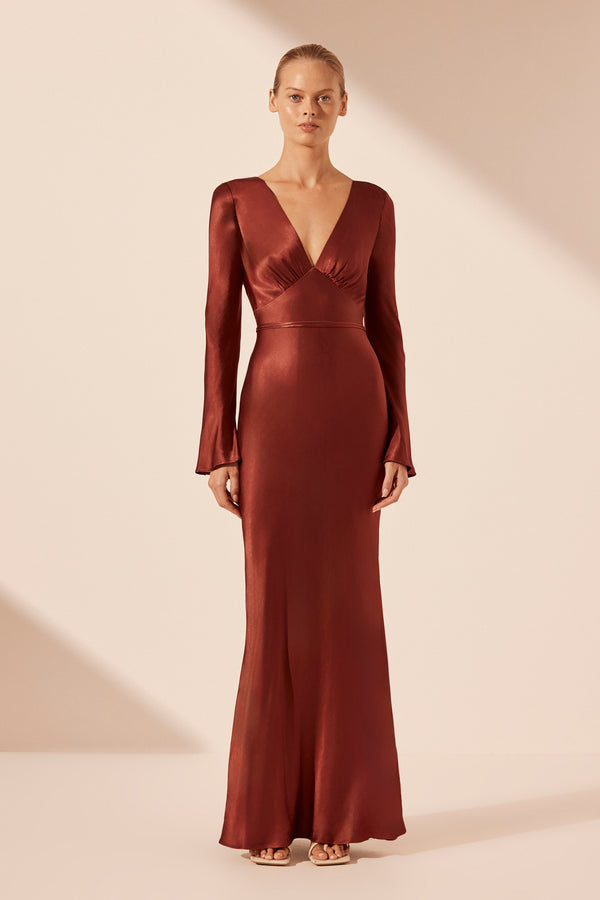 LINO OPEN BACK TIE MAXI DRESS - MAHOGANY_F