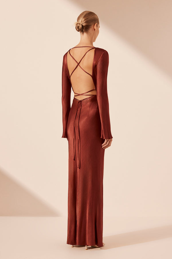 LINO OPEN BACK TIE MAXI DRESS - MAHOGANY_B
