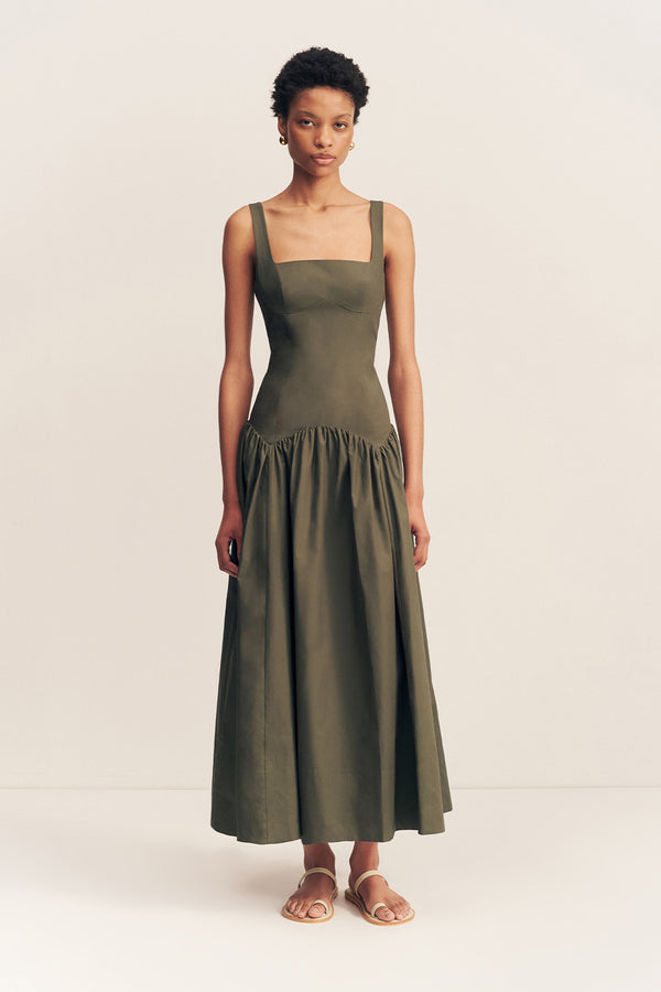MAIORI SQUARE NECK MIDI DRESS - ARMY GREEN_F