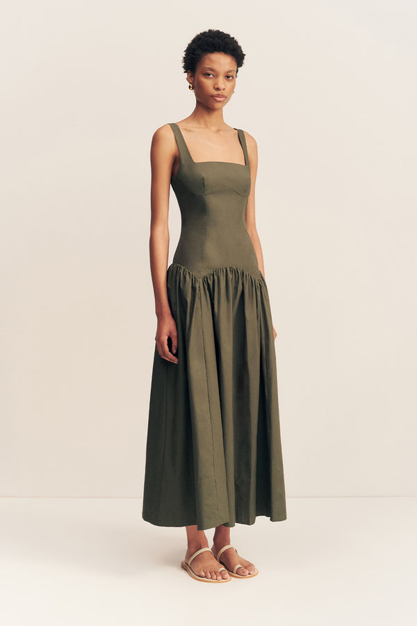 MAIORI SQUARE NECK MIDI DRESS - ARMY GREEN_A