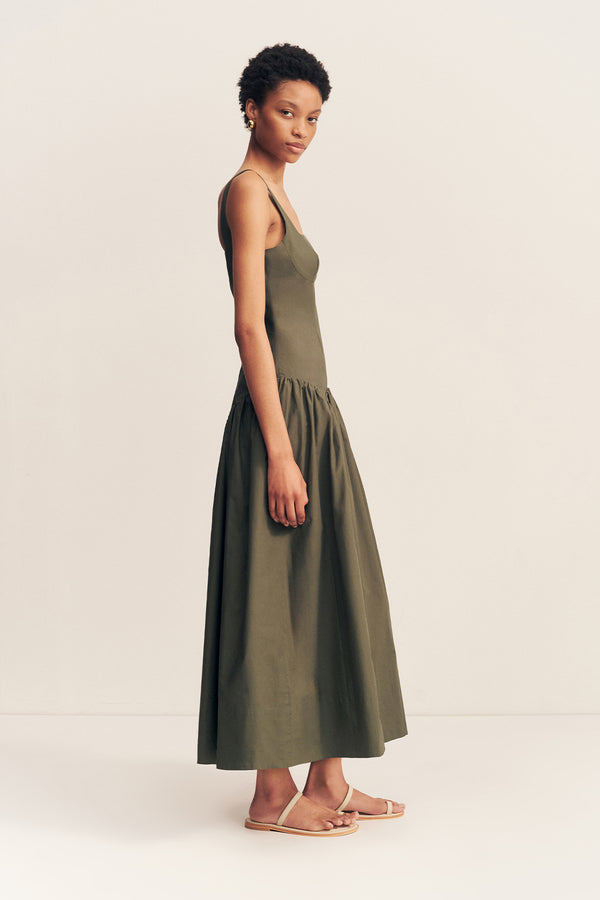 MAIORI SQUARE NECK MIDI DRESS - ARMY GREEN_S