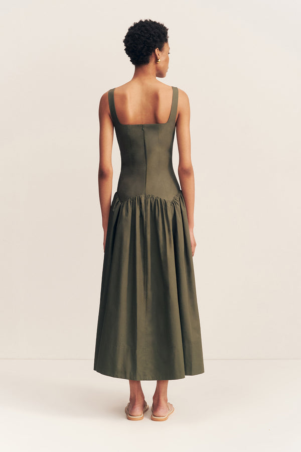MAIORI SQUARE NECK MIDI DRESS - ARMY GREEN_B