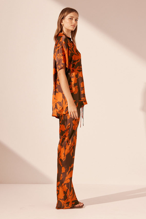 FLORA SILK SHORT SLEEVE RELAXED SHIRT WITH TIES_S