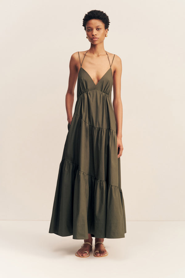 MAIORI TIERED MAXI DRESS - ARMY GREEN_F
