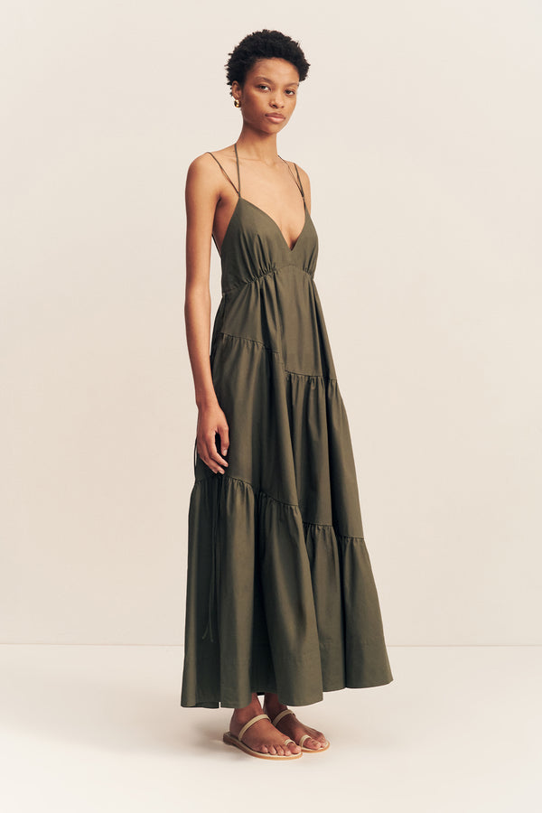MAIORI TIERED MAXI DRESS - ARMY GREEN_A
