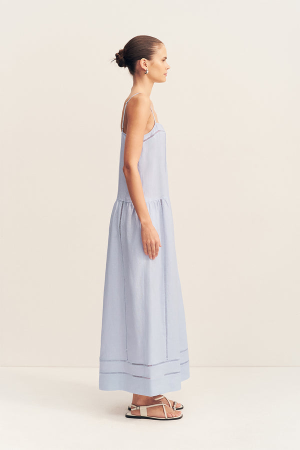TOMMY LINEN SQUARE NECK MAXI DRESS - SKY