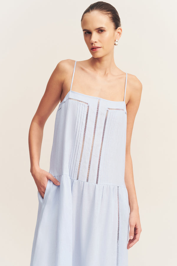 TOMMY LINEN SQUARE NECK MAXI DRESS - SKY