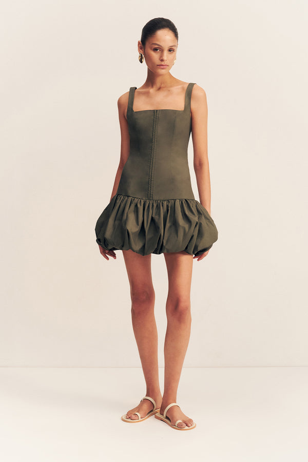 MAIORI SQUARE NECK BUBBLE MINI DRESS - ARMY GREEN_F