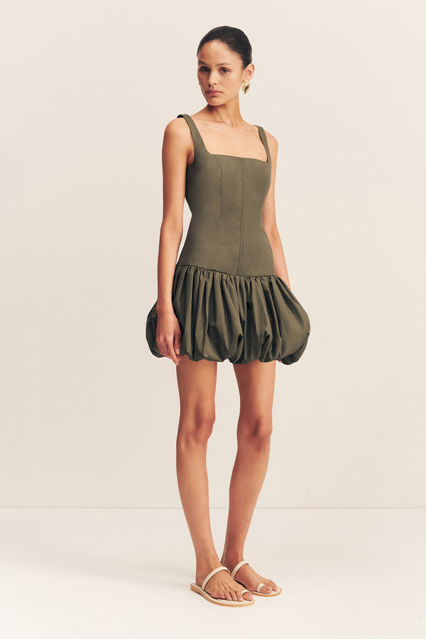 MAIORI SQUARE NECK BUBBLE MINI DRESS - ARMY GREEN_A