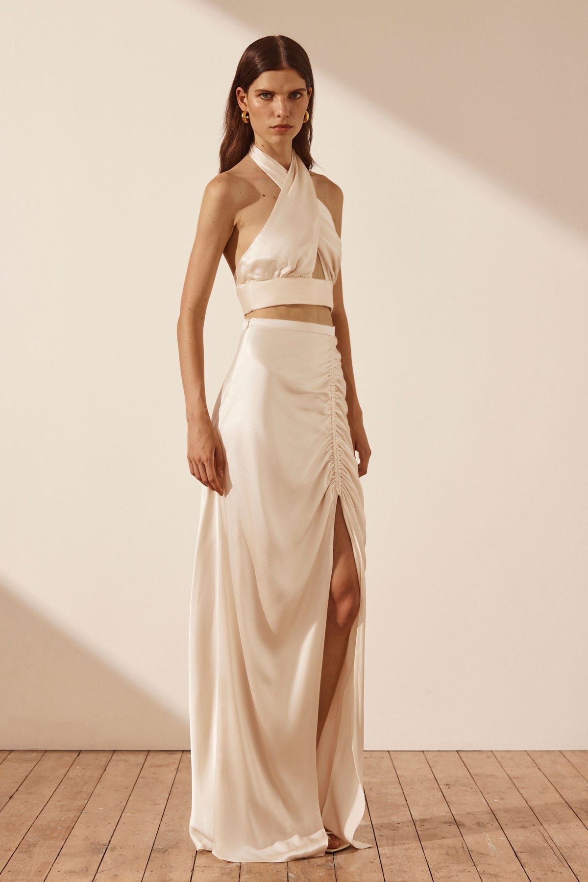La Lune Side Gathered Maxi Skirt Cream Skirts Shona Joy