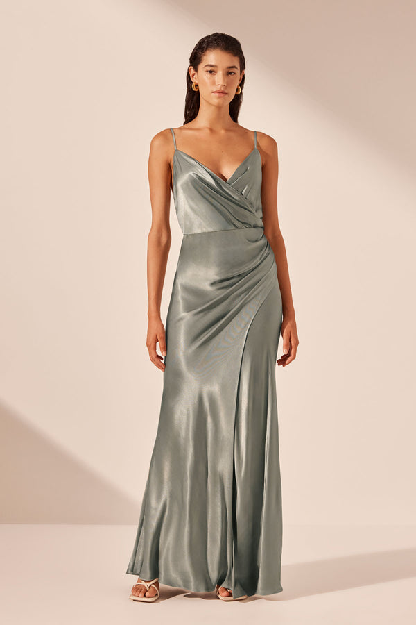 LA LUNE CROSS DRAPED MAXI DRESS - SAGE_F