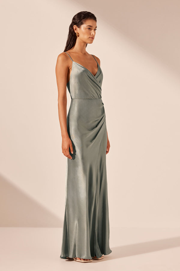 LA LUNE CROSS DRAPED MAXI DRESS - SAGE_A
