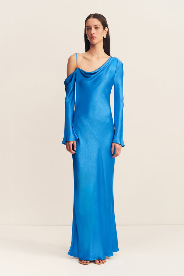 NORA ASYMMETRICAL LONG SLEEVE MAXI DRESS - AQUA_F