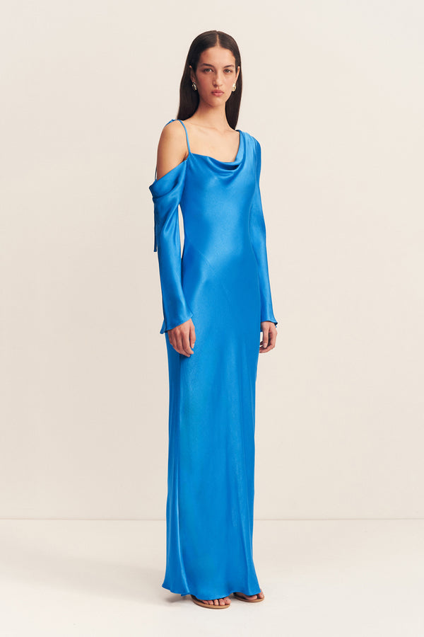 NORA ASYMMETRICAL LONG SLEEVE MAXI DRESS - AQUA_A