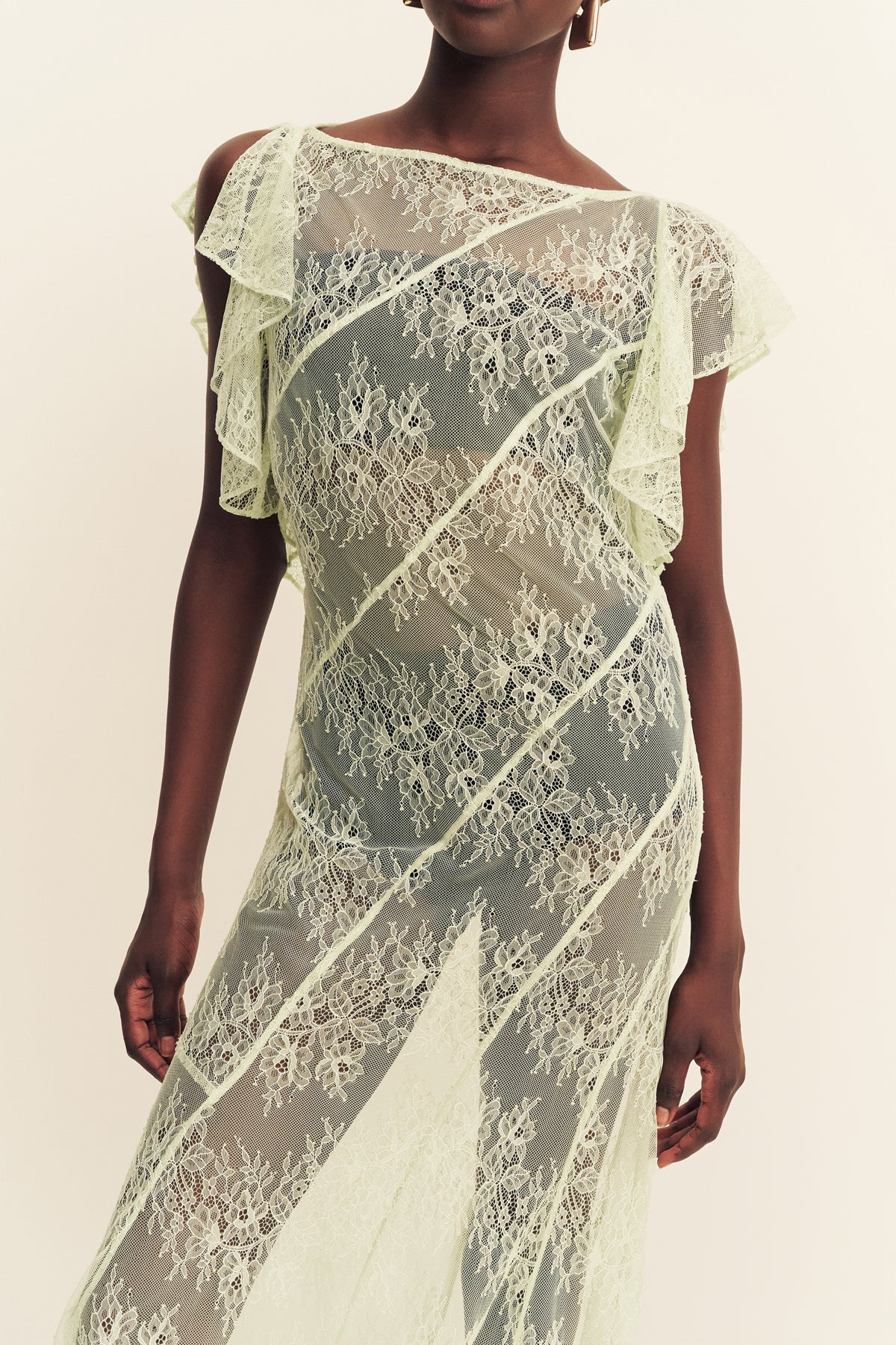 Labyrinth Sheer Lace Panelled Maxi Dress | Canary Green | Dresses