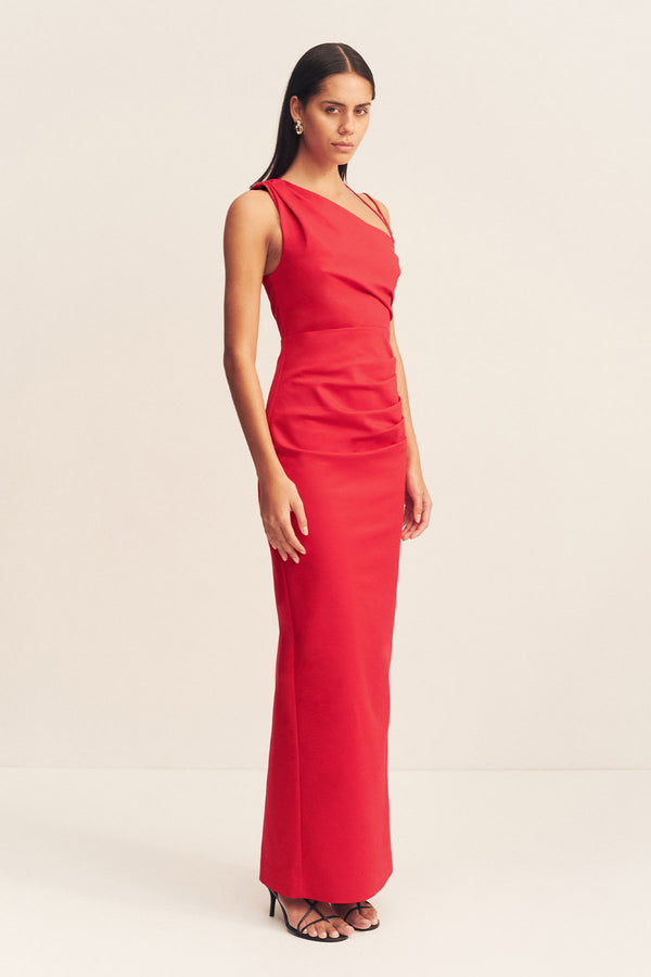 LANI ASYMMETRICAL GATHERED MAXI DRESS - CHILLI_A