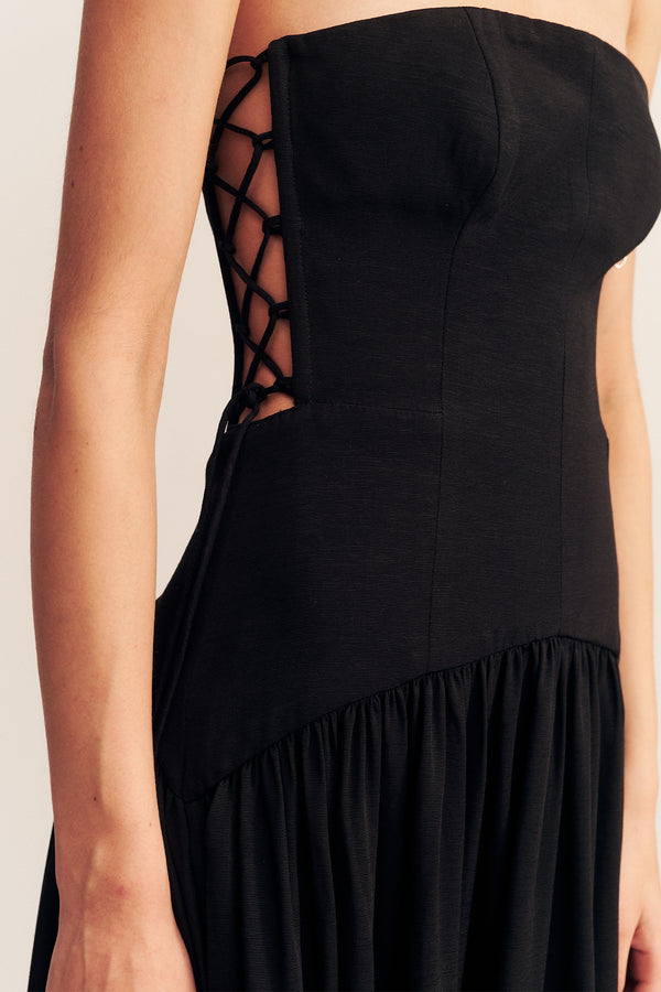 VENTO LACE UP STRAPLESS MAXI DRESS - BLACK_SW