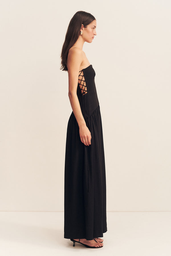 VENTO LACE UP STRAPLESS MAXI DRESS - BLACK_S