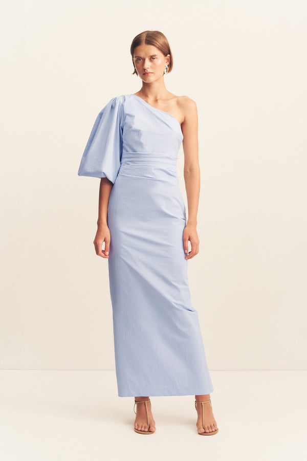 CAMPBELL ONE SHOULDER BALLOON SLEEVE MAXI DRESS - CORNFLOWER BLUE_F