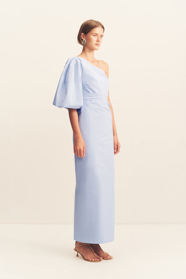 CAMPBELL ONE SHOULDER BALLOON SLEEVE MAXI DRESS - CORNFLOWER BLUE