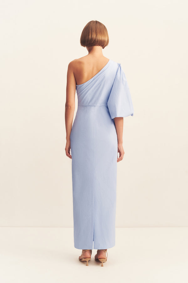 CAMPBELL ONE SHOULDER BALLOON SLEEVE MAXI DRESS - CORNFLOWER BLUE