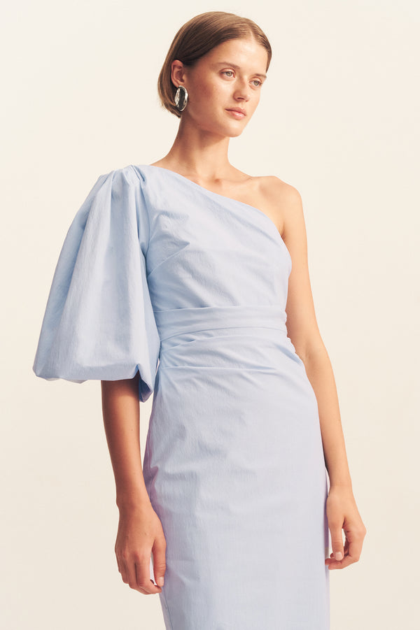 CAMPBELL ONE SHOULDER BALLOON SLEEVE MAXI DRESS - CORNFLOWER BLUE