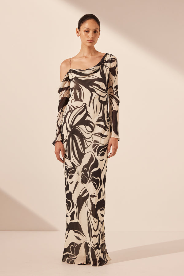 Imane Asymmetrical Long Sleeve Maxi Dress | Cream/Black | Dresses | Shona Joy Imane Asymmetrical Long Sleeve Maxi Dress | Cream/Black | Dresses | Shona Joy