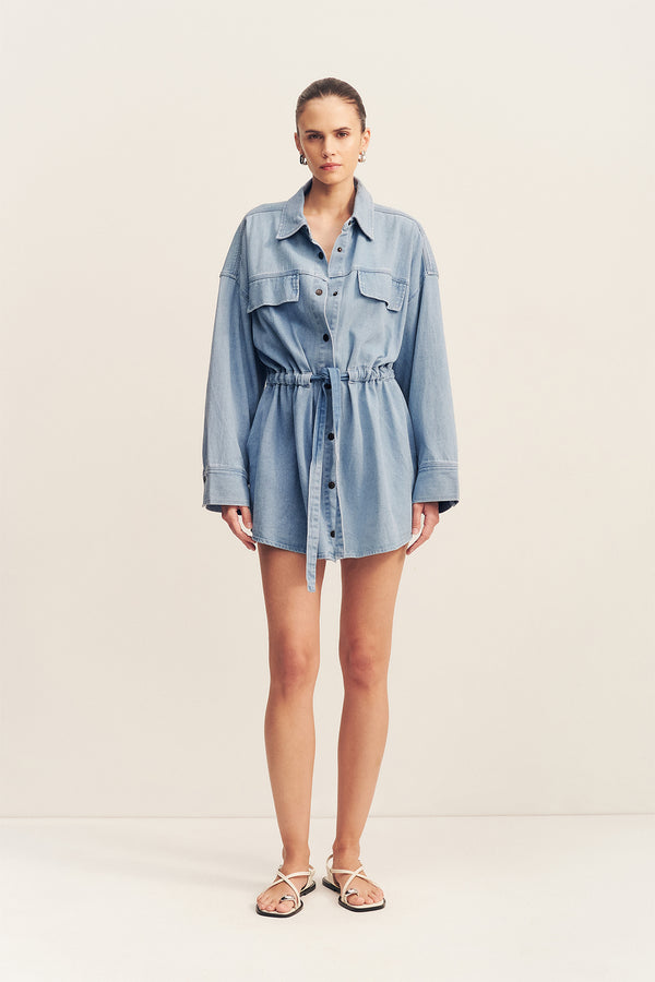 Ellsworth Drawstring Shirt Mini Dress | Bleached Blue | Dresses