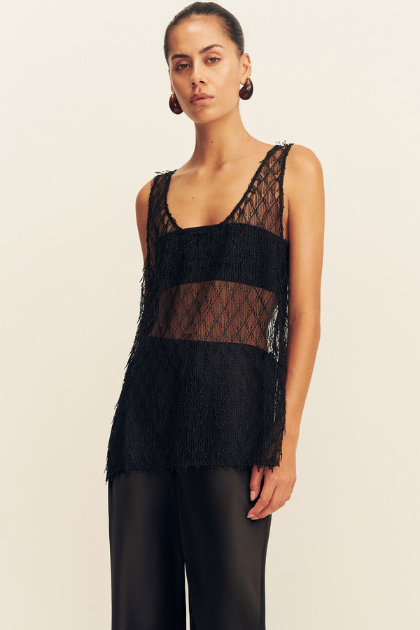 TALITHA SHEER FRINGE SCOOP NECK TOP - LIQUORICE