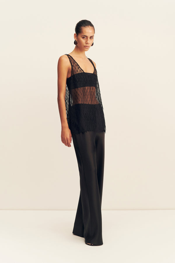 TALITHA SHEER FRINGE SCOOP NECK TOP - LIQUORICE