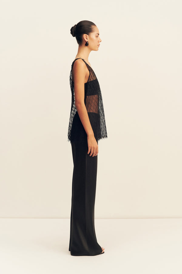 TALITHA SHEER FRINGE SCOOP NECK TOP - LIQUORICE