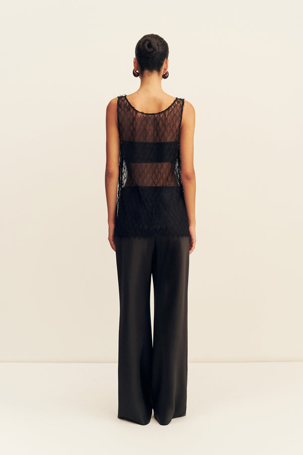 TALITHA SHEER FRINGE SCOOP NECK TOP - LIQUORICE