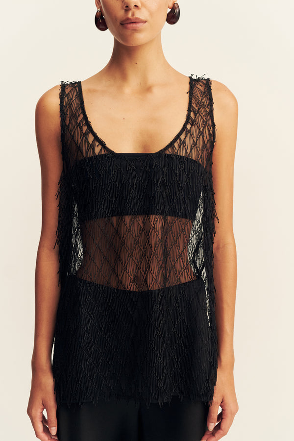 TALITHA SHEER FRINGE SCOOP NECK TOP - LIQUORICE
