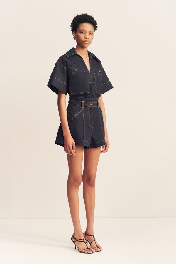 RITA HIGH WAISTED FLARED SHORT - DEEP INDIGO_A