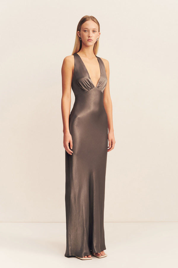 LA LUNE PLUNGED CROSS BACK MAXI DRESS - GRAPHITE_A