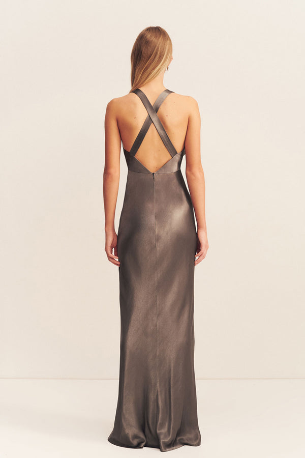 LA LUNE PLUNGED CROSS BACK MAXI DRESS - GRAPHITE_B