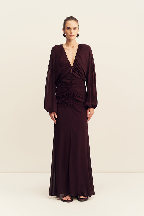 AMINA GATHERED LOW PLUNGED MAXI DRESS - WINE TASTING