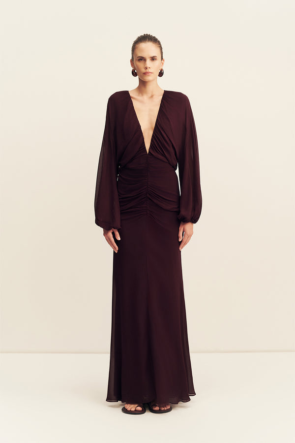 AMINA GATHERED LOW PLUNGED MAXI DRESS - WINE TASTING_F