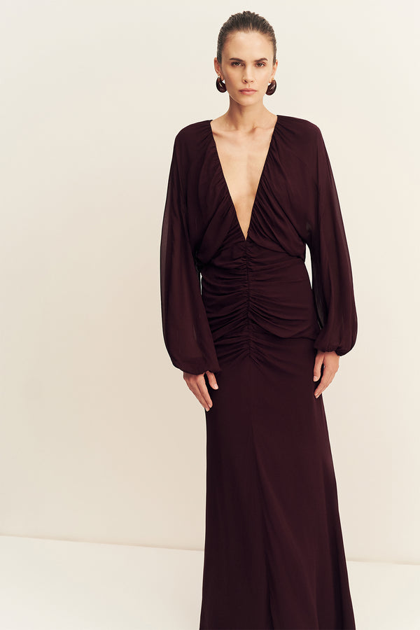 AMINA GATHERED LOW PLUNGED MAXI DRESS - WINE TASTING