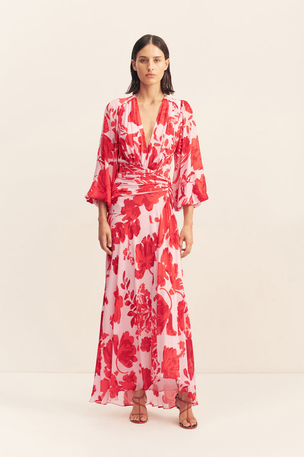 ALEYNA LONG SLEEVE RUCHED MAXI DRESS_F