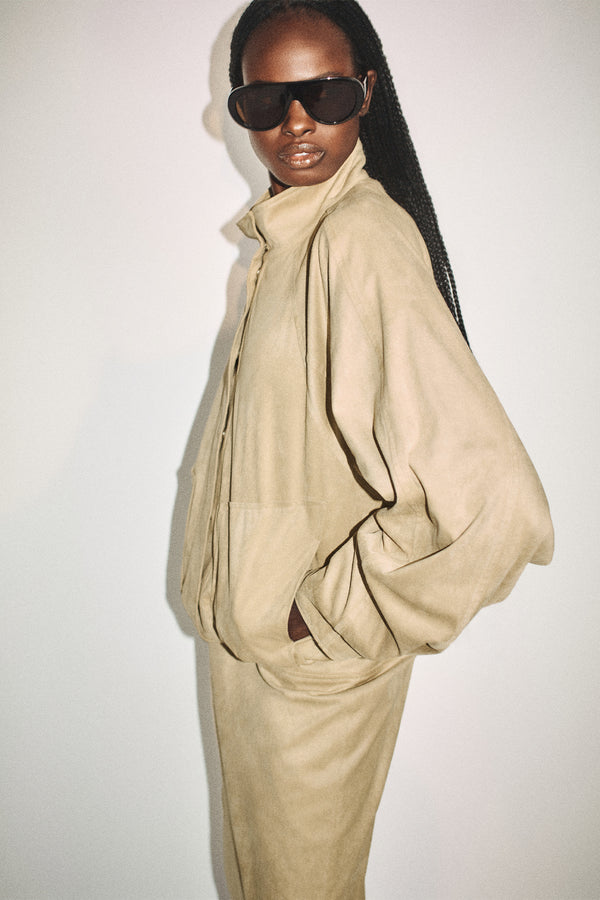 ERNEST FAUX SUEDE BOMBER JACKET - SAND