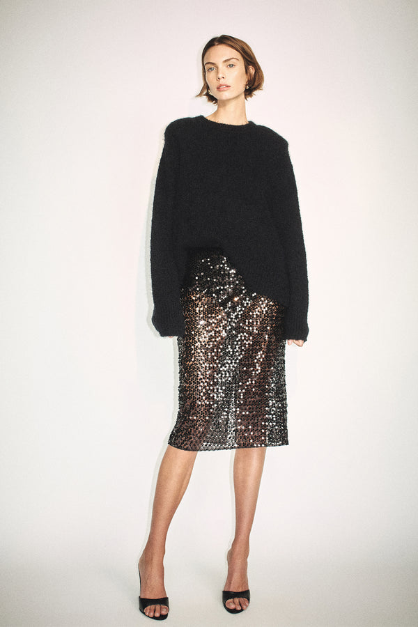 EVERLY SEQUIN MIDI SKIRT WITH DETACHABLE LINING- BLACK