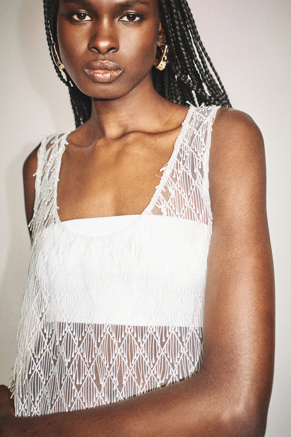 TALITHA SHEER FRINGE SCOOP NECK TOP - IVORY