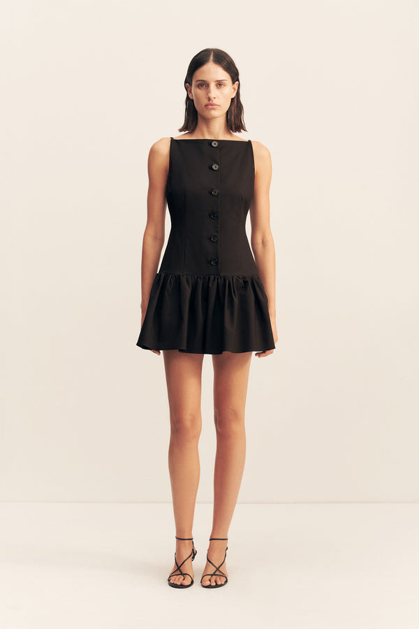 LANI DROP WAIST SQUARE NECK MINI DRESS - BLACK