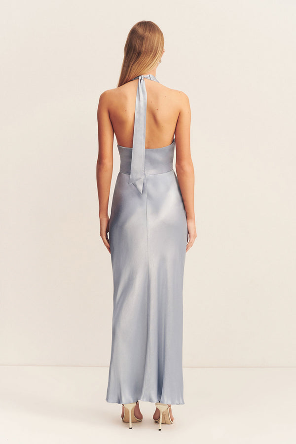 LA LUNE PLUNGED HALTER MIDI DRESS - POWDER BLUE_B