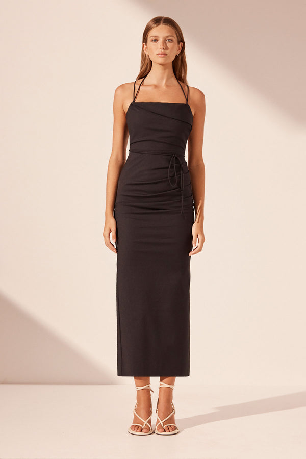 LANI DRAPED CROSS BACK MIDI DRESS - BLACK_F